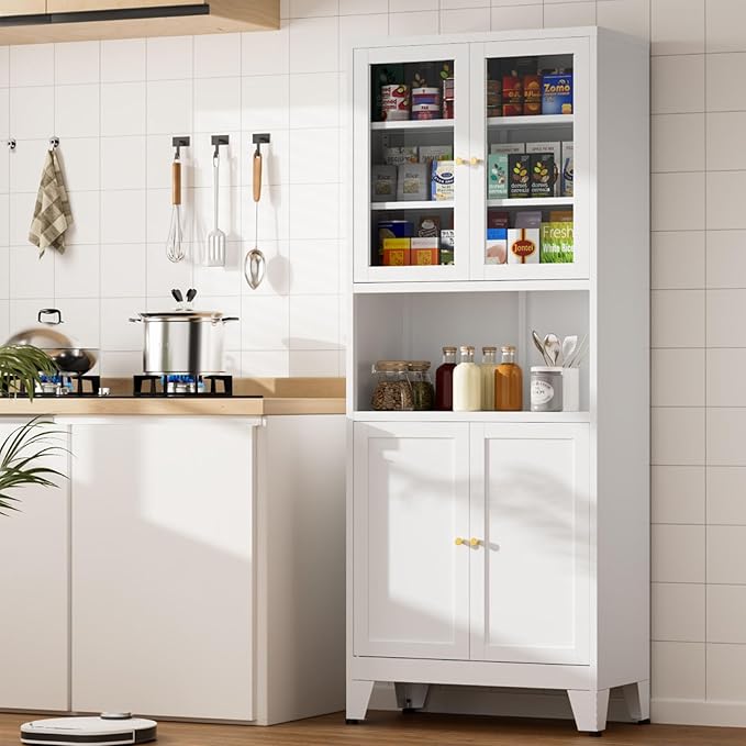 69" Tall Pantry Cabinet, Kitchen Storage Cabinet with 2 Glass Doors and Adjustbale Shelves, Freestanding Metal Cupboards for Dining Room, Living Room, Bathroom-CasaMuseHome