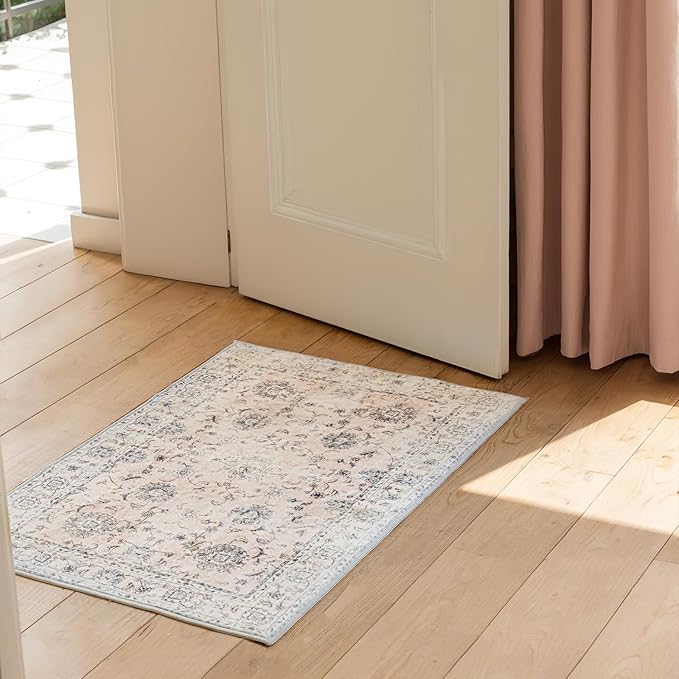 2'x3' Vintage Floral Rug - Persian Inspired Low-Pile Faux Wool Area Rug, Non-Slip Washable Small Rug for Bedroom, Nursery, Dorm, Soft Pink Boho Chic Decor-CasaMuseHome