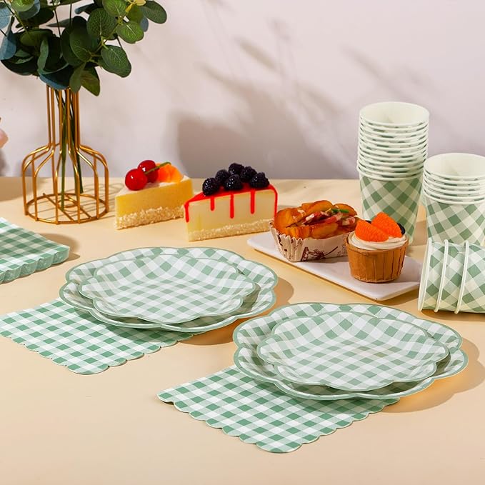 350 Pcs Sage Green Gingham Paper Plates and Napkins Party Supplies - Sage Green and White Checkered Plates Scalloped Plaid Plate for Birthday Dinner Picnic BBQ Party Decorations, Serve 50 Guests-CasaMuseHome