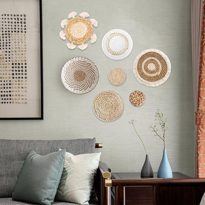 7 Pack Boho Wall Basket Decor - Seagrass Rattan Wicker Wall Decor Round Handmade Hanging Rustic Flat Elegant Wall Art for Farmhouse Living Rooms Bedrooms Display Table Settings Kitchen Home-CasaMuseHome