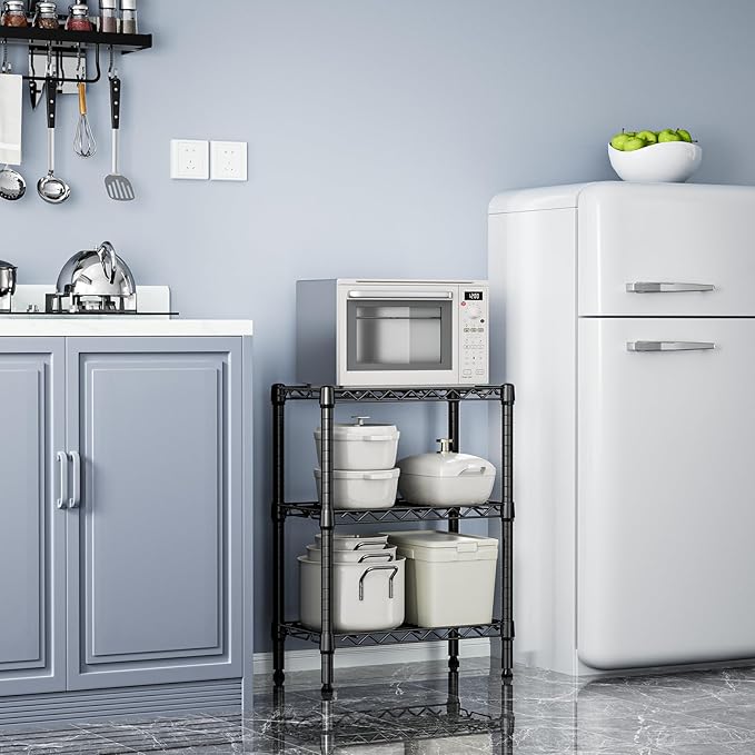 750 lbs 3 Tier Shelf Metal Storage Shelves Wire Rack Closet Organizers with PP Board for Garage Kitchen Bathroom Laundry Black 11.8" D x 21.7" W x 28.6" H-CasaMuseHome