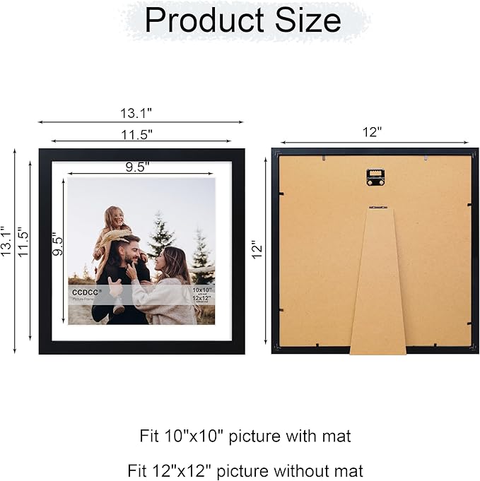 12x12 Picture Frame Set of 4, 12 x 12 Wood Photo Frames with Mat for 10x10 or 30x30cm Diamond Painting Art, Wooden Frame with Real Glass Cover for Wall and Tabletop Display,Black-CasaMuseHome