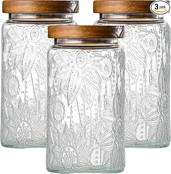 3-Pack 32oz Vintage Glass Jar With Lid, Glass Storage Containers, Airtight Kitchen Storage Containers For Sugar, Coffee, Tea, Spice, Flour, Candy Cookie, Pasta, Cereal-CasaMuseHome
