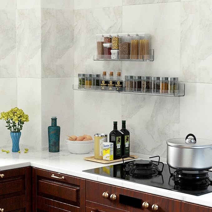 15 Inch Acrylic Spice Rack Wall Organizer Set of 3, Clear Acrylic Wall Shelf for Home Organizer, Floating Shelf for Bottle Display, Jars, Spice, Wine, Books, Toiletries-CasaMuseHome