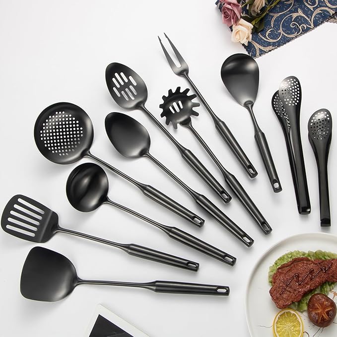 304 Stainlss Steel Matte Kitchen Utensils Set, 11 Pcs Long Metal Cooking Utensil Gadgets Tools Set with Spatula, Ladle, Spoon, Ladle, Skimmer, Tunner, Pasta Server, Tongs(Black, Dishwasher Safe)-CasaMuseHome