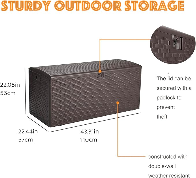 73 Gallon Large Storage Box with Lid,Waterproof Outdoor Storage Container for Patio Furniture Cushions, Gardening Tools, Pool Accessories, Lockable Resin Deck Box with handle Brown-CasaMuseHome