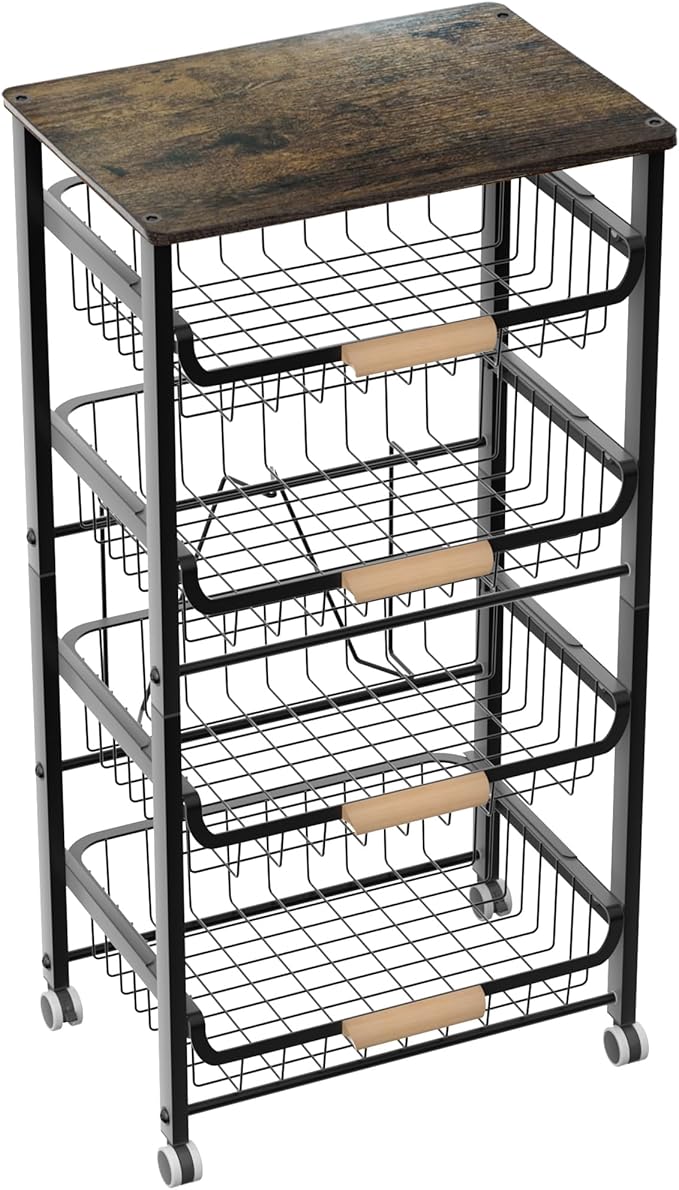 5-Layer Fruit Basket Kitchen Food Organizer and Rack, Stackable Storage Cart with Desktop, Pull-Out Hollow Metal Basket, Wheeled Sorting Rack Spice Rack, Black-CasaMuseHome