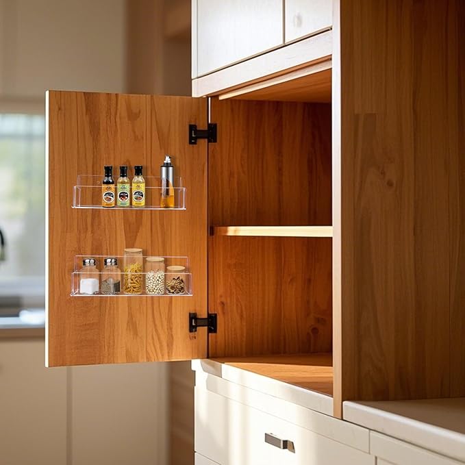 Acrylic Spice Rack Wall Mount-9 Inch, Clear Spice Shelf Storage Holder, 2 Pack Hanging Seasoning Rack Organizer for Cabinet Door, Cupboard or Wall Kitchen (Adhesive or Screw)-CasaMuseHome