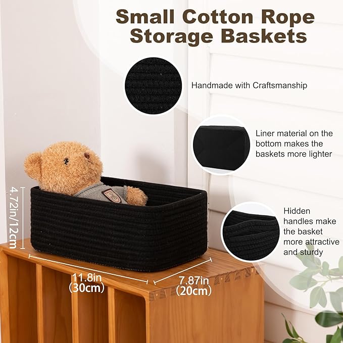 3 Pack Small Storage Baskets for Organizing, Cute Woven Decorative Gift Baskets for Shelves, Mini Closet Organizer Bins with Handles, 11.81''Lx7.87''Wx4.72''H-Black-CasaMuseHome