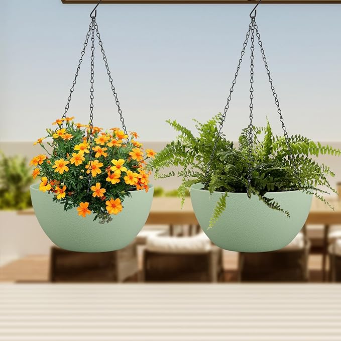 8 inch Small Hanging Planters Plant Pots for Indoor Outdoor Plants, 2 Pack Hanging Flower Pots with Drainage Holes and Chain for Garden Porch, Plastic Hanging Baskets for House Plants, Green-CasaMuseHome