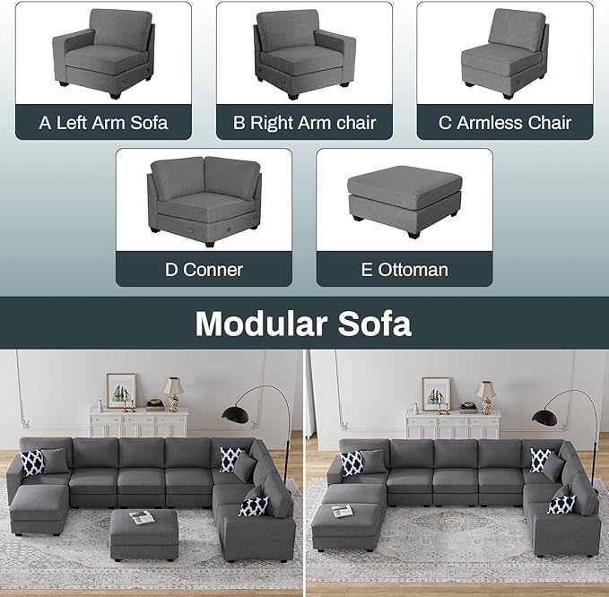 L Lengend Vansen Modular Sectional Sofa U Shaped Couch with Ottoman Modern Reversible Corner Sectional Couch for Living Room (Dark Grey, U Shaped Sofa-5)-CasaMuseHome