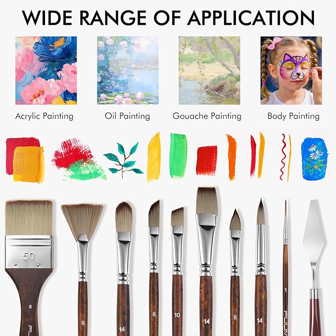 25pcs Paint Brush Set, Fuumuui Acrylic Paint Brushes, Professional Artist Series with Wide Flat, Filbert, Fan, Dagger, Cat Tongue, Round, Angle, Rigger for Oil, Acrylic Canvas Paintings, Face Painting-CasaMuseHome