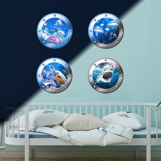 3D Ocean Animals World Wall Stickers Glow in The Dark, 4 Pcs Sharks Turtles Jellyfishs Removable Decals for Kids, Vinyl Stickers for Ceiling (Blue)-CasaMuseHome