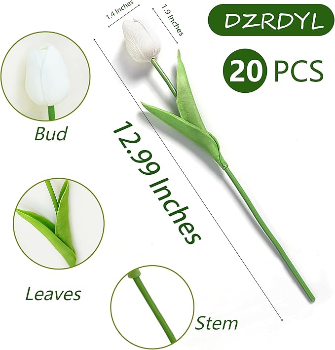 20pcs White Artificial Tulip Fake Flower 12.9 Inch Spring Mother's Day Easter Gift for Home Kitchen Wedding Decoration-CasaMuseHome