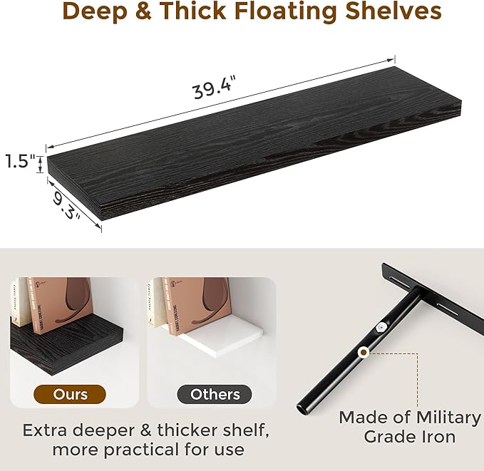 40 Inch Floating Shelves Black, 40" W x 9" D Floating Shelf Set of 2, Farmhouse Wood Wall Shelves for Bedroom, Kitchen, Wall Mounted Deep Shelving for Home Decor-CasaMuseHome