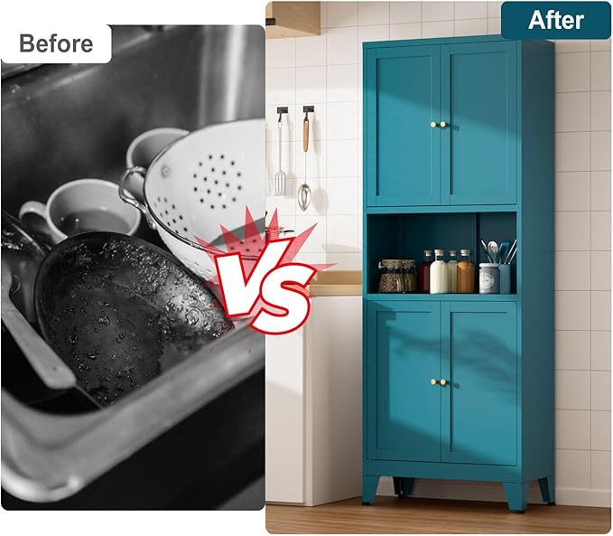 69" Tall Kitchen Pantry Cabinet, Metal Storage Cabinet with 4 Doors and Adjustbale Shelves, Freestanding Cupboards for Dining Room, Living Room, Bathroom-CasaMuseHome