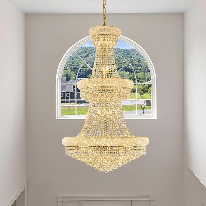 31 - Light Large Empire Crystal Chandelier for High Ceiling Foyer Entryway Staircase Living Room Dining Room Gold Finish-CasaMuseHome
