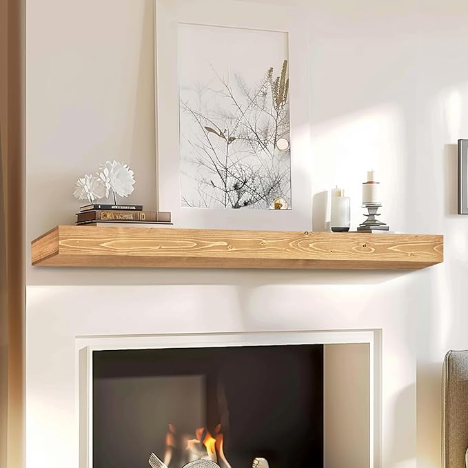48x8x3 Fireplace Mantel - Handcrafted Hollow Rustic Solid Wood Wall Mounted Floating Shelf with Invisible Heavy Duty Wood Bracket (Natural Wood)-CasaMuseHome