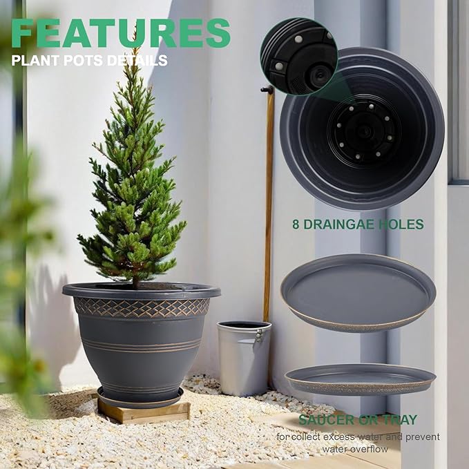 4 Pack 16 Inch Large Plant Pots, Plastic Flower Pot for Indoor & Outdoor with Drainage Holes & Saucer, Plaid Pattern Planters Garden Pots for Herbs Gold-CasaMuseHome