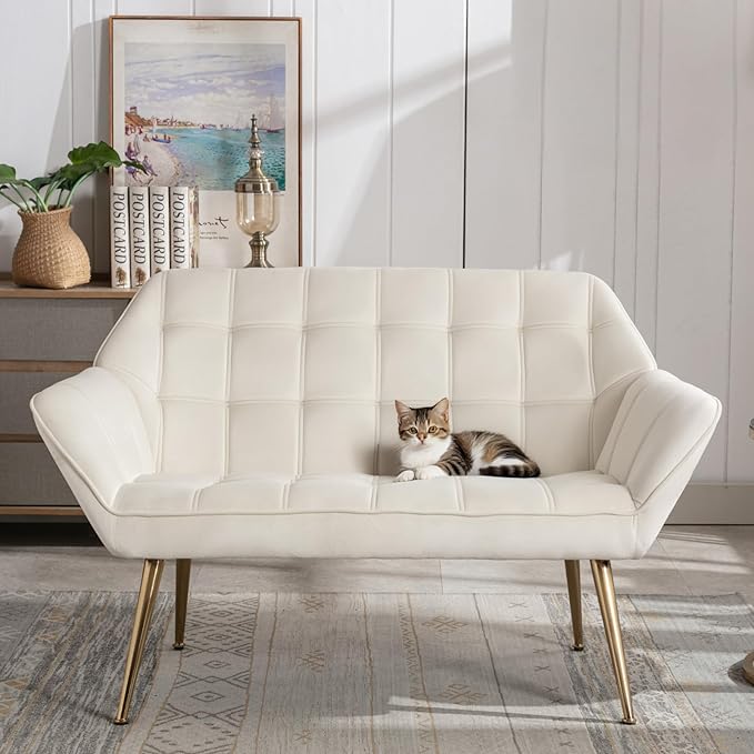 48”Small Loveseat Sofa, Modern Velvet Upholstered Mini Couch 2-Seater Fluffy Love Seat with Quilting Backs and Metal Legs for Small Space Living Room, Bedroom, Beige-CasaMuseHome