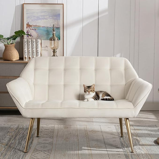 48”Small Loveseat Sofa, Modern Velvet Upholstered Mini Couch 2-Seater Fluffy Love Seat with Quilting Backs and Metal Legs for Small Space Living Room, Bedroom, Beige-CasaMuseHome