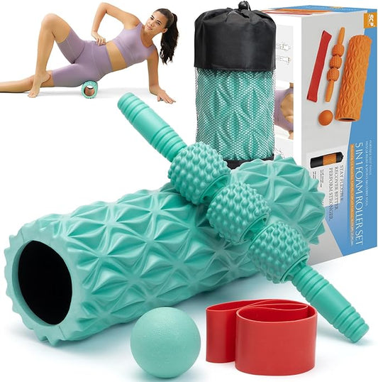 5 in1 Foam Roller Set, Trigger Point Foam Roller, Massage Roller Stick, Massage Ball, Resistance Band for Deep Muscle Massage Pilates Yoga,Fitness Exercise for Whole Body (Pure Turquoise)-CasaMuseHome