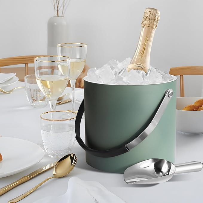 3L Ice Bucket with Silicone Lid, Scoop, Tongs & Strainer, Stainless Steel Double Wall Insulated Ice Buckets for Parties & Cocktail Bar, Outdoor Champagne Ice Container Bin, Dusty Green-CasaMuseHome