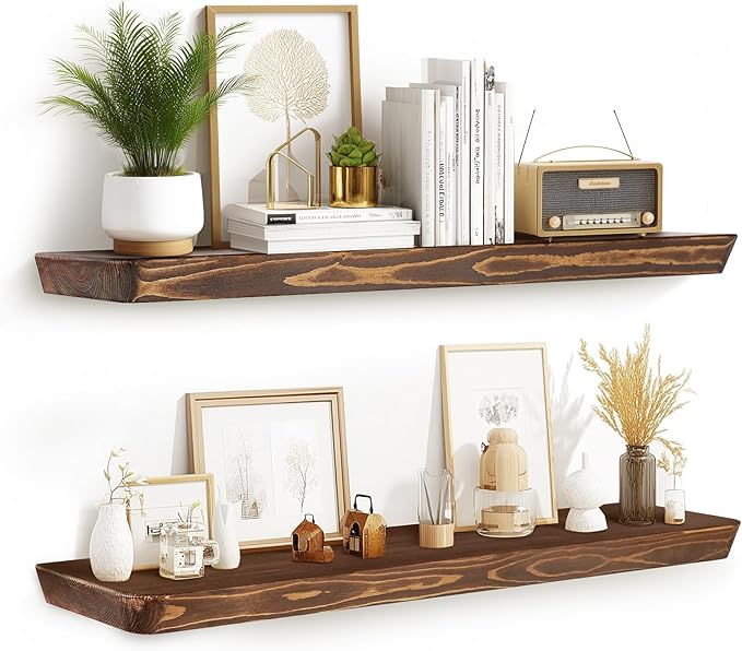 36"x6.8"x1.6" Slanted Floating Wall Shelves 2-Pack - Rustic Brown Finish, Heavy-Duty Solid Wood Design with Hidden Brackets - Perfect for Living Room, Kitchen, Bathroom, or Office-CasaMuseHome
