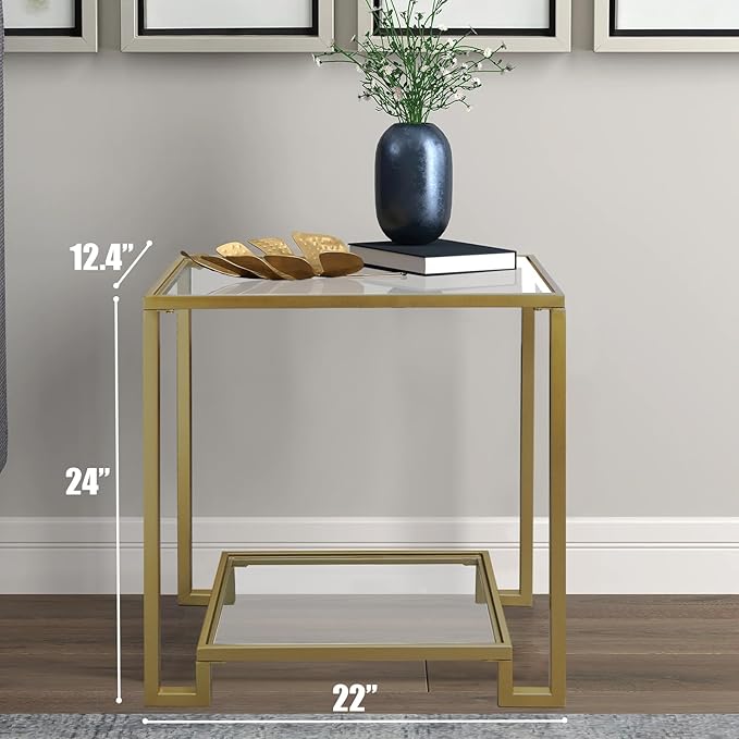 2 Tier Rectangular Side Table, Gold End Table with Glass Top, Modern Metal Clear Coffee Table，Small Accent Table for Living Room, Bedroom, 22" x 12.4" x 24"-CasaMuseHome