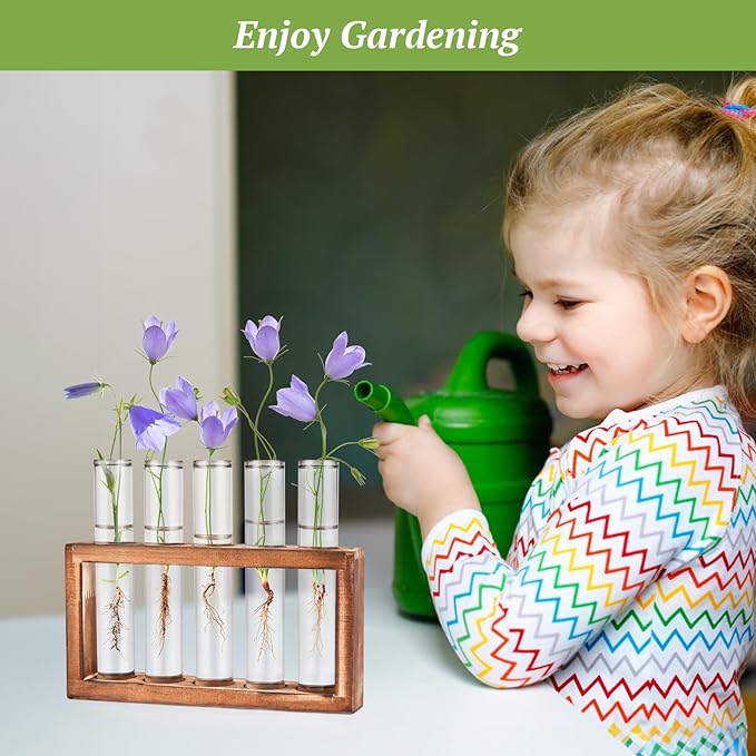 2pcs Desktop Glass Plant Propagation Station with 10 Test Tubes in Wooden Stand - Hydroponic Plants Cutting Office Home Decoration and Garden Decor Terrarium (10 Tubes)-CasaMuseHome