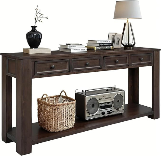 63" Solid Wood Console Table Sofa Table with Storage Drawers and Bottom Shelf,Farmhouse Entryway Table for Hallway Foyer,Sofa Couch Table,Fully Assembled (63" Espresso)-CasaMuseHome