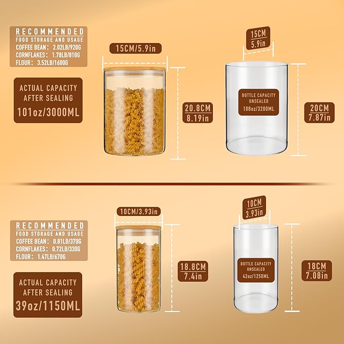 108oz 42oz Straight cylindrical Airtight Storage Jars with Bamboo Lid Set of 2 Large Storage Container Gallon Glass Jars, for Flour, Pasta and Coffee bean (with Black Lable)-CasaMuseHome