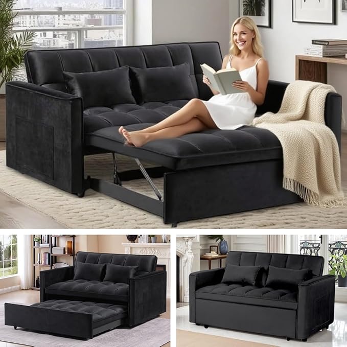 3 in 1 Sleeper Sofa Bed, Futon Sofa Bed for Living Room with Side Pocket, Black Sleepers Sofas Couch with Pullout Beds, Convertible Love Seat Sleepers Couch for Living Room, Bedroom,-CasaMuseHome