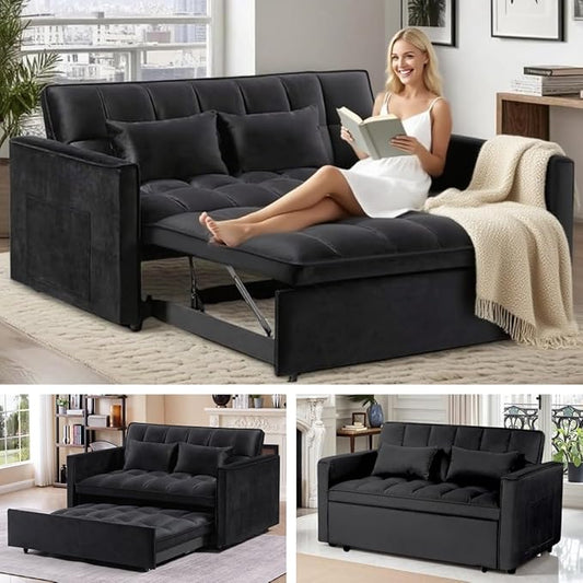 3 in 1 Sleeper Sofa Bed, Futon Sofa Bed for Living Room with Side Pocket, Black Sleepers Sofas Couch with Pullout Beds, Convertible Love Seat Sleepers Couch for Living Room, Bedroom,-CasaMuseHome