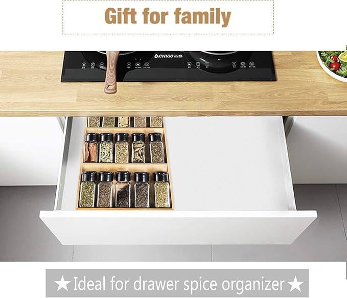 3-Tier Bamboo Drawer Spice Rack Wooden Kitchen Cabinet Spice Organizer Spice Jar Holder, Medicine/Health Care/Vitamin Bottles Storage Rack (Pre-Measure Drawer Dimensions), 1 Pack Drawer Rack-CasaMuseHome