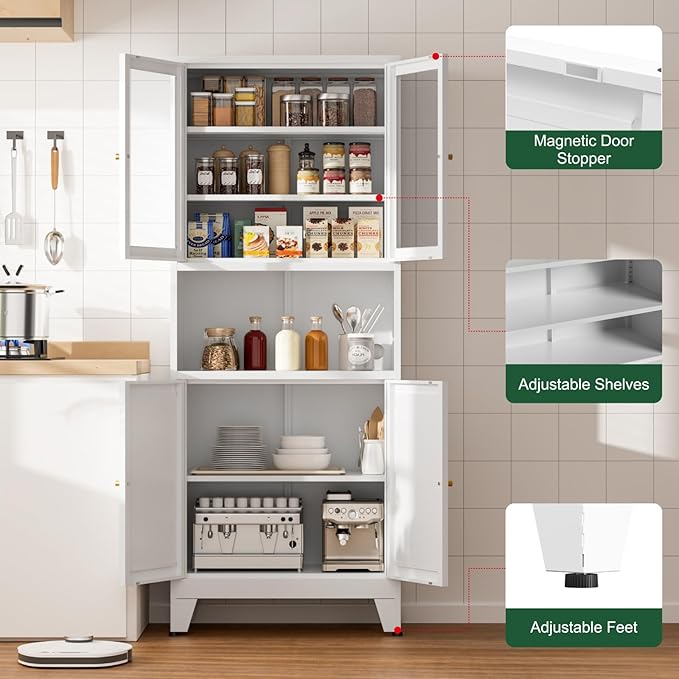 69" Tall Pantry Cabinet, Kitchen Storage Cabinet with 2 Glass Doors and Adjustbale Shelves, Freestanding Metal Cupboards for Dining Room, Living Room, Bathroom-CasaMuseHome