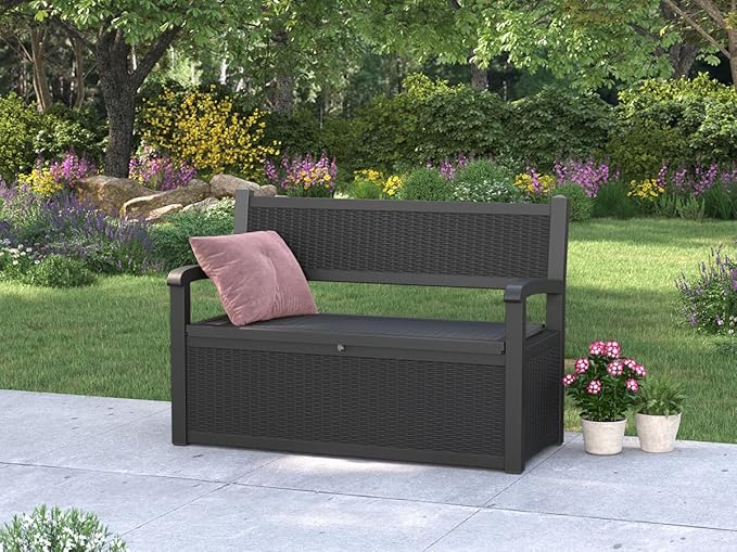 70 Gallon Deck Bench with Storage,Outdoor Storage Box Bench Waterproof&Lockable, Resin Patio Furniture with Armrest for Patio, Porch, Garden,Black-CasaMuseHome