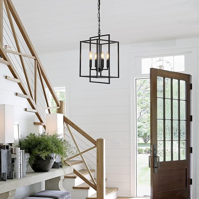 4-Light Vintage Black Chandelier, Foyer Lighting Fixtures Farmhouse Chandeliers for Dining Room, Modern Industrial Lantern Pendant Light for Kitchen Island Entryway Stairway-CasaMuseHome