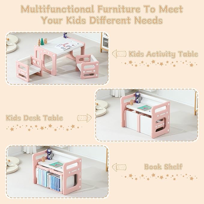 3 in 1 Montessori Weaning Table and 2 Chairs Set, Kids Desk and Chair Set, 2 Height Levels, Toddlers Activity Table for Drawing, Dining, Reading and Playing, Pink-CasaMuseHome