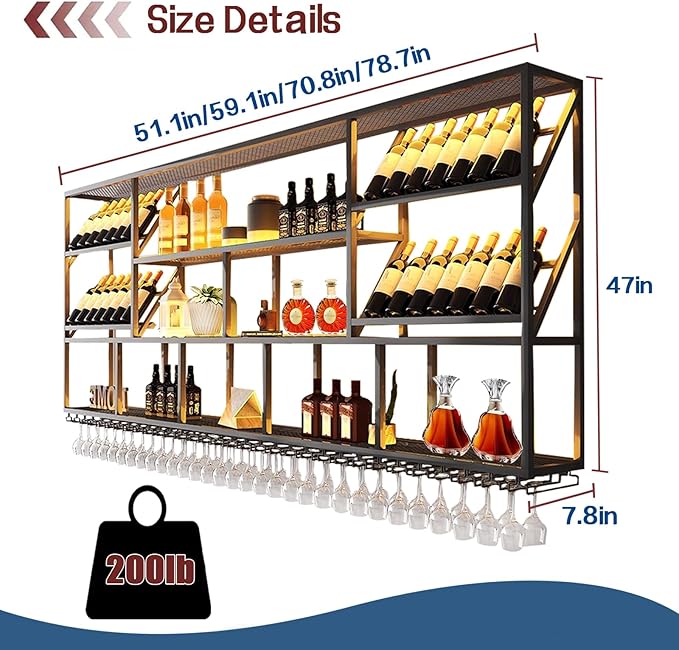 59Inch Wall Mounted Wine Rack, 3 Tiers Large Bar Shelves with 14 Glass Holder, Metal Wine Bottle Display Shelf, Modern Iron Liquor Shelf, for Kitchen Dining, Home Bar, Cellar (59.1" W)-CasaMuseHome