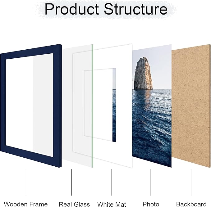 8x10 Picture Frame Set of 4, 8 x 10 Wood Photo Frames with Mat for 5x7, Natural Wooden Frame with Real Glass Cover for Wall and Tabletop Display,Blue-CasaMuseHome