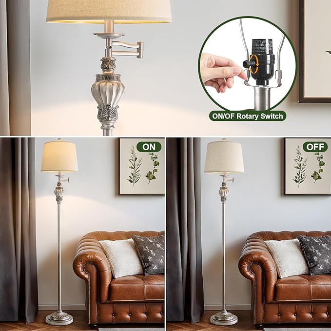 61" Vintage Floor Lamp with 350° Adjustable Swing Arm, Tall lamp Standing Lamp for Living Room Bedside Bedroom Nightstand Retro Farmhouse Mid Century Lamp Light Home Décor Office Gifts-CasaMuseHome