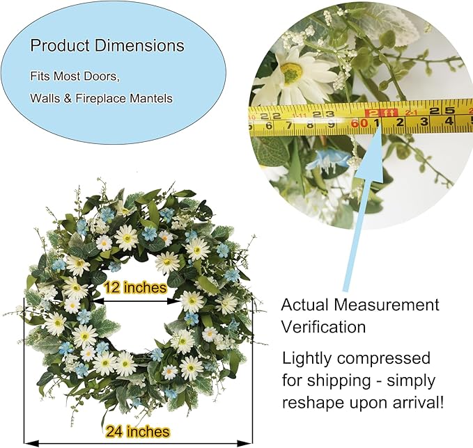 24 Inch Wreaths for Front Door, Large Spring Summer Artifiical Wreath with Blue White Daisy Flower, All Season Floral Wreaths for Porch Window Wall Decor Outside Indoor Outdoor Decorations-CasaMuseHome