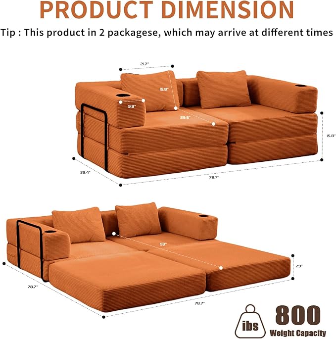 78" W Loveseat Sofa, 4 in 1 Convertible Floor Sofa Bed, Boneless Cloud Couch with Cup Holder, Fold Out Floor Couch, Loveseat Recliner Sleeper for Living Room Bedroom Lounge(Corduroy, White)-CasaMuseHome