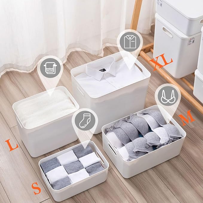 4 pack large plastic White storage bins Baskets, Toy Box Chest with Lids and Handle，Organizer Containers for Baby，Kids,snacks,Nursery，Shelves，Playroom, Bedroom，Office,Closet，home-CasaMuseHome