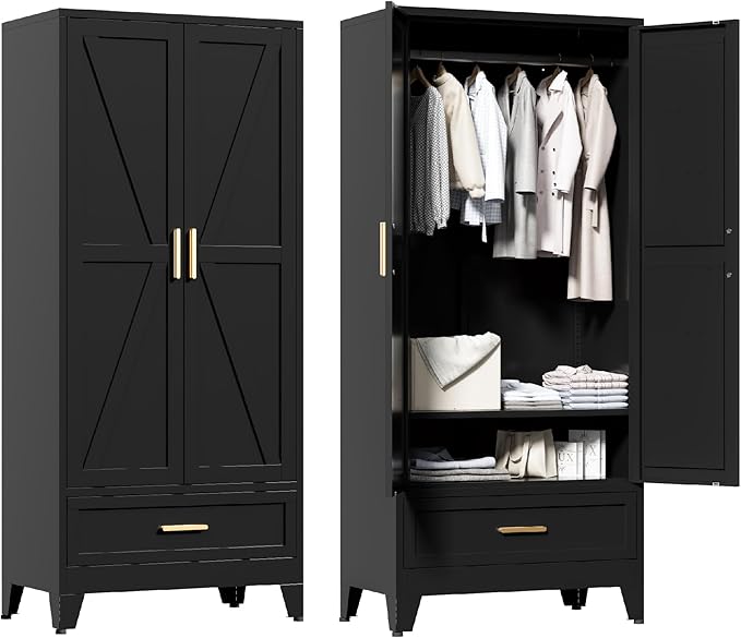 71'' Black Farmhouse Metal Wardrobe Cabinet with Hanging Rod, 2 Barn Door Wardrobe Closet with Adjustable Shelves,Drawer,for Dining Room,Bedroom,Living Room, Cloak Room,Office-CasaMuseHome