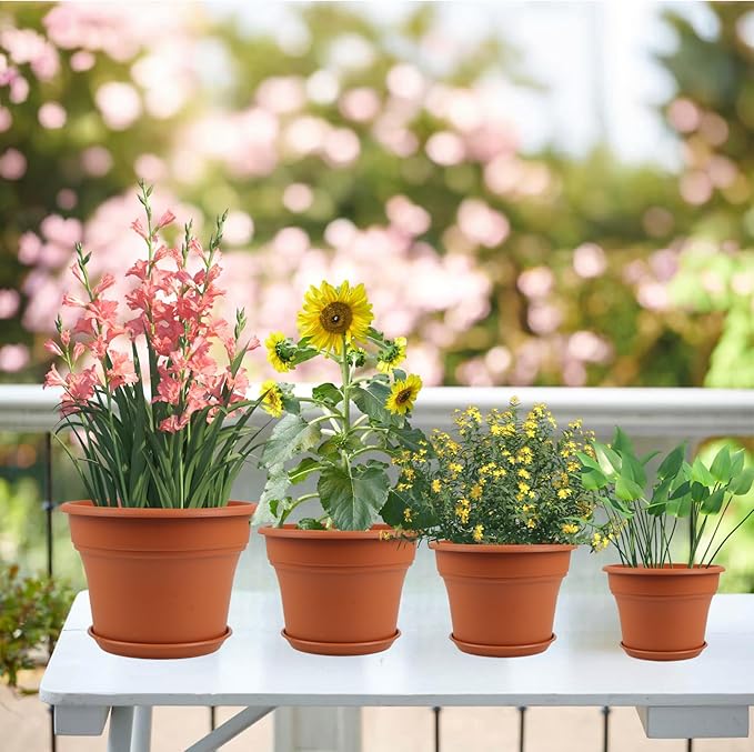 11 Inch Plastic-Flower-Pot-for-Indoor-Plants, 4 Pack Large Outdoor Planter Pot with Drainage Holes & Saucers, Resin Decorative Garden Pots Planters-CasaMuseHome