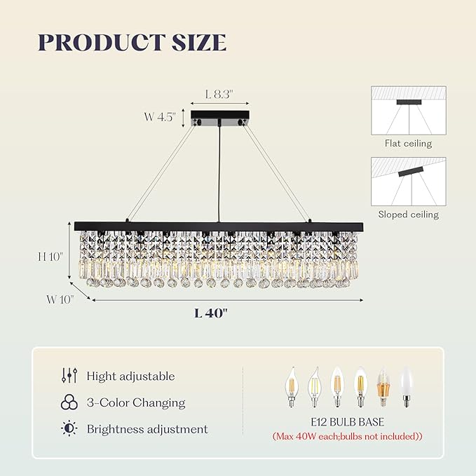 8 Light Modern Crystal Chandelier for Dining Room,Rectangular Rectangle Raindrop Crystal Light Fixture,Height Adjustable for Kitchen Island L40''xW10''xH10''-CasaMuseHome