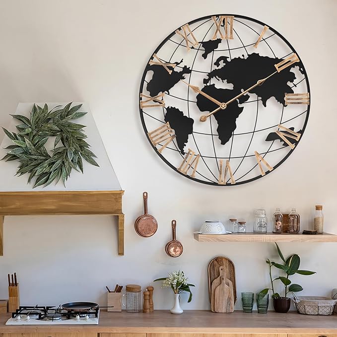 20 Inch Large Wall Clock for Living Room Decor,Big Modern Decorative Silent World Map Metal Wall Clock with Vintage Gold Roman Numeral for Office,Living Room,Kitchen,Dining Room-CasaMuseHome