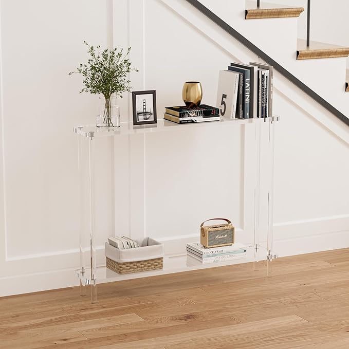 Acrylic Console Table, 2 Tier Acrylic Narrow Console Tables for Entryway,CHICUN, Square Legs, Skinny Console Table for Foyer, Sofa, Living Room,Clear-CasaMuseHome
